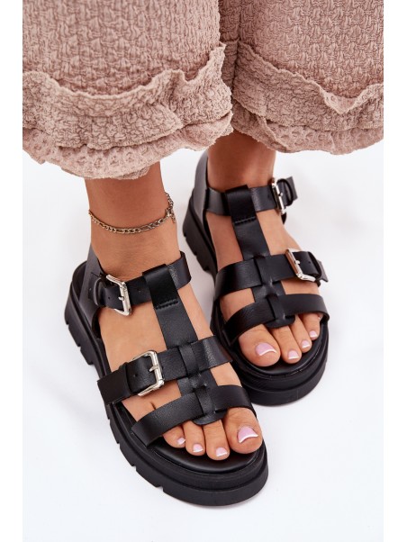 Ladies Eco Leather Sandals With Buckles Black Jeneliena