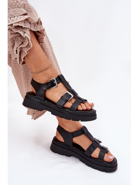 Ladies Eco Leather Sandals With Buckles Black Jeneliena