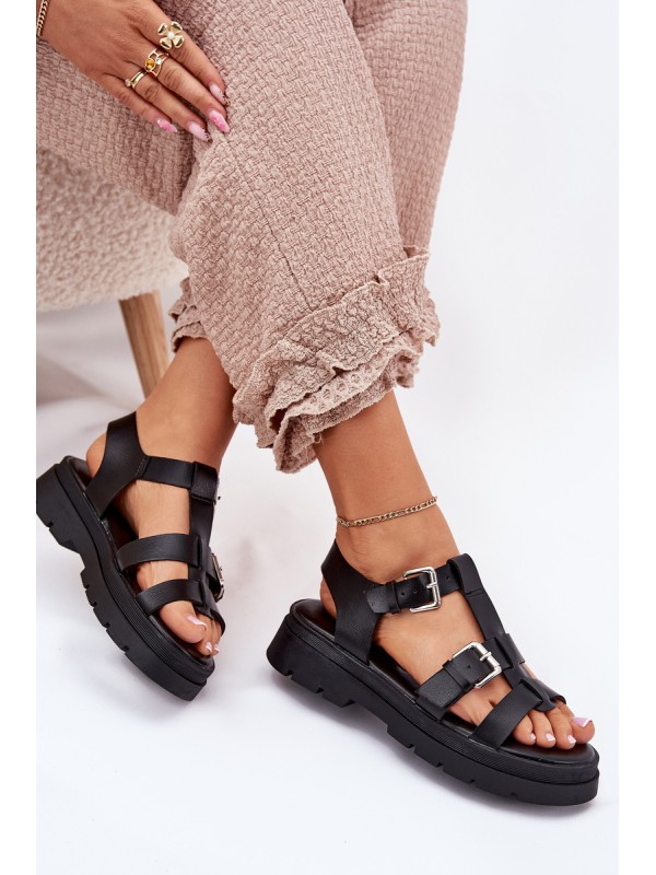 Ladies Eco Leather Sandals With Buckles Black Jeneliena