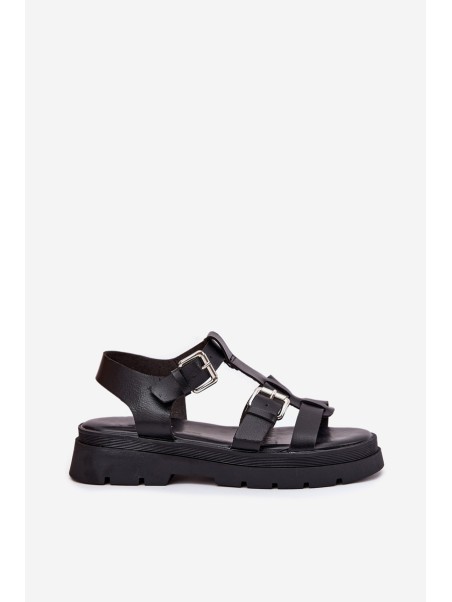 Ladies Eco Leather Sandals With Buckles Black Jeneliena