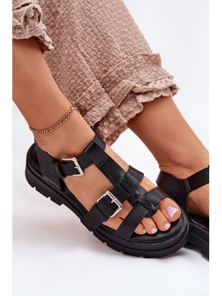 Ladies Eco Leather Sandals With Buckles Black Jeneliena