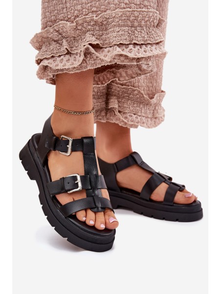 Ladies Eco Leather Sandals With Buckles Black Jeneliena