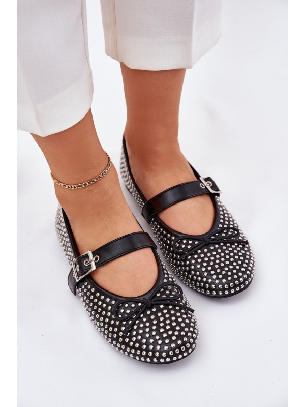 Embellished Ballet Flats With Bow And Strap Black Zdivisa