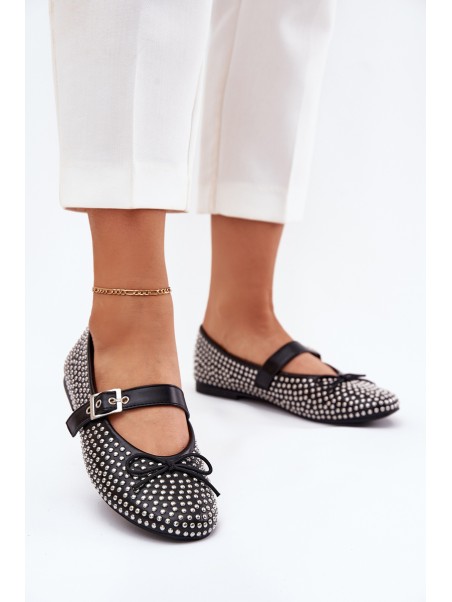 Embellished Ballet Flats With Bow And Strap Black Zdivisa