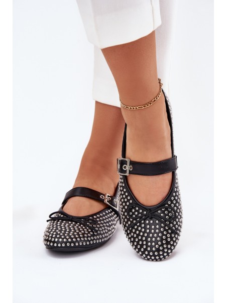 Embellished Ballet Flats With Bow And Strap Black Zdivisa