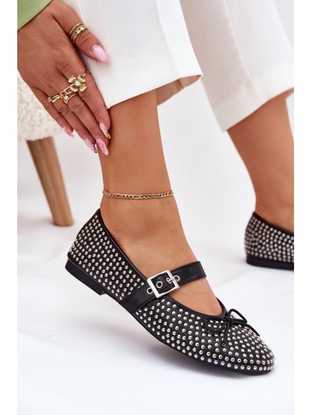 Embellished Ballet Flats With Bow And Strap Black Zdivisa