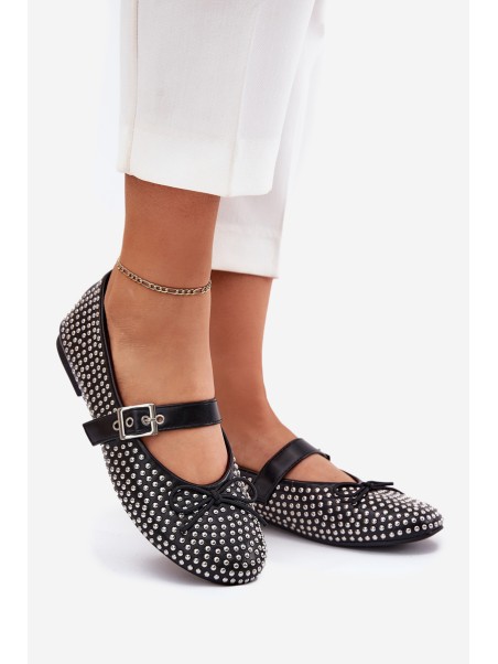 Embellished Ballet Flats With Bow And Strap Black Zdivisa