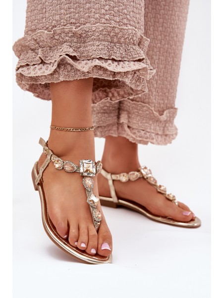 Women's sandals on flat heels with crystals gold Fiolalia
