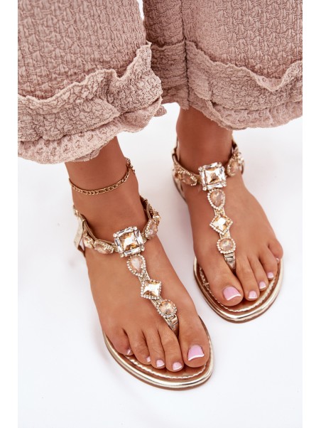Women's sandals on flat heels with crystals gold Fiolalia