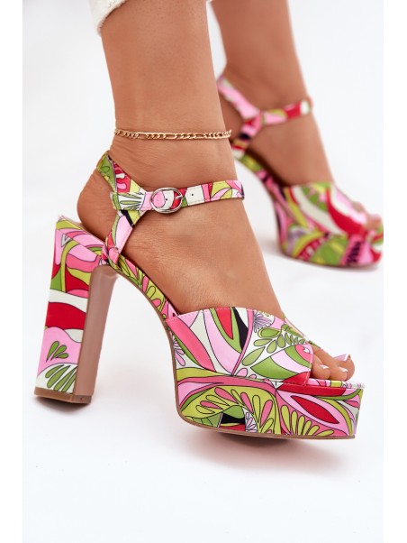 Patterned Heeled Sandals And Platform Pink-Green Slaria