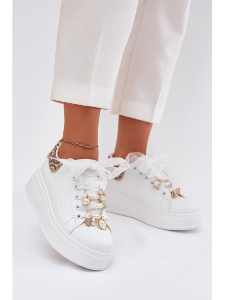Women's Platform Sneakers With Rhinestones White Panther Ocerdia