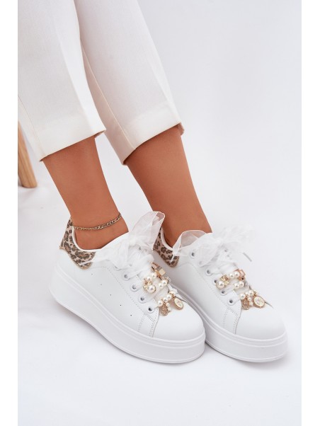 Women's Platform Sneakers With Rhinestones White Panther Ocerdia