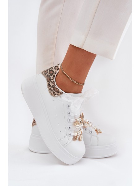 Women's Platform Sneakers With Rhinestones White Panther Ocerdia