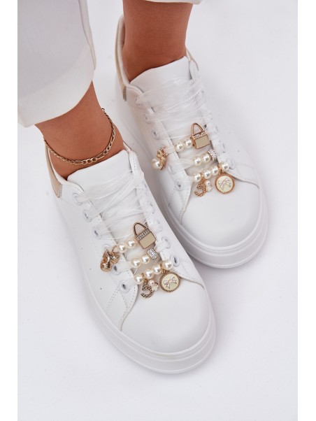 Women's Platform Sneakers With Ribbons White-Gold Ocerdia