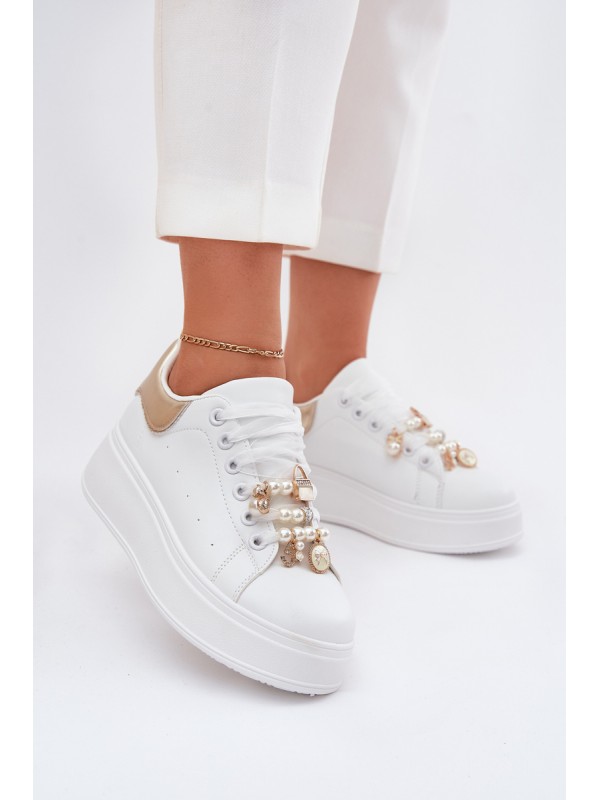 Women's Platform Sneakers With Ribbons White-Gold Ocerdia 2