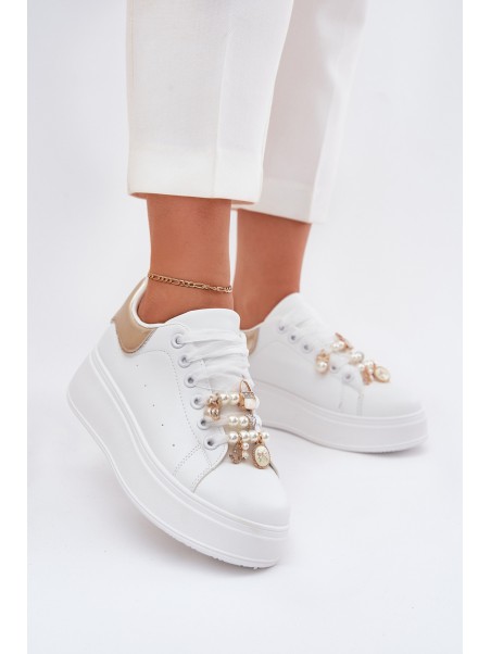 Women's Platform Sneakers With Ribbons White-Gold Ocerdia