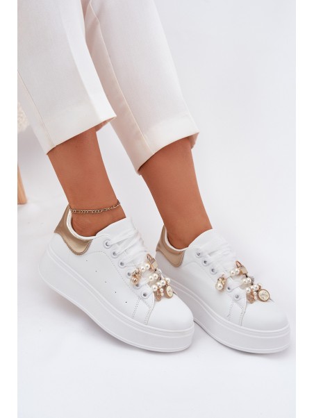 Women's Platform Sneakers With Ribbons White-Gold Ocerdia