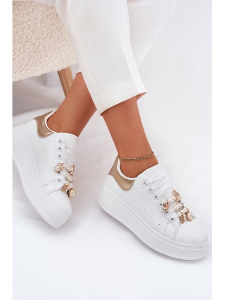 Women's Platform Sneakers With Ribbons White-Gold Ocerdia