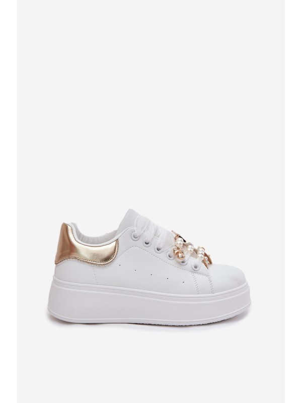 Women's Platform Sneakers With Ribbons White-Gold Ocerdia