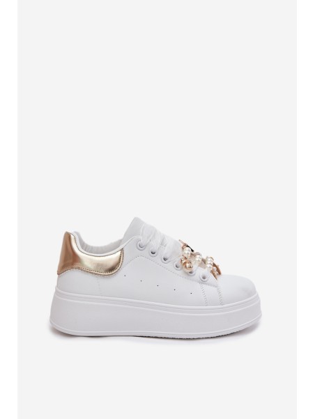 Women's Platform Sneakers With Ribbons White-Gold Ocerdia