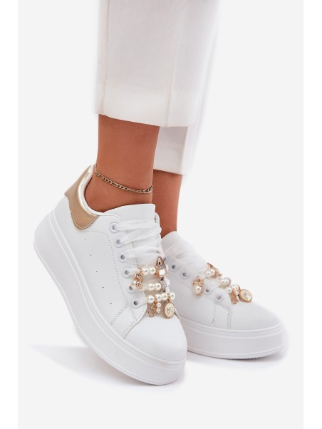 Women's Platform Sneakers With Ribbons White-Gold Ocerdia