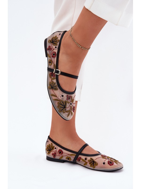 Ballet Flats With Embroidery And Strap Black Lilindraen