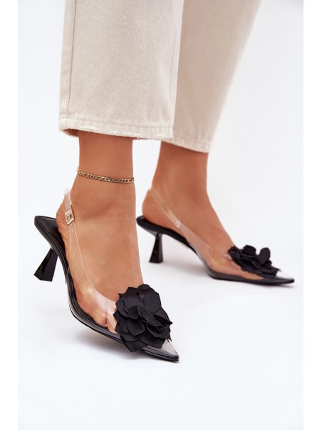 Transparent High Heel Sandals With Decorative Flower Black Risalie