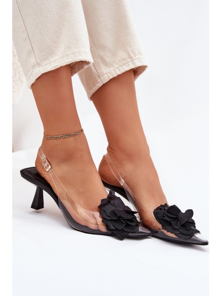Transparent High Heel Sandals With Decorative Flower Black Risalie
