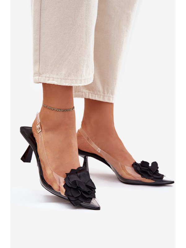 Transparent High Heel Sandals With Decorative Flower Black Risalie