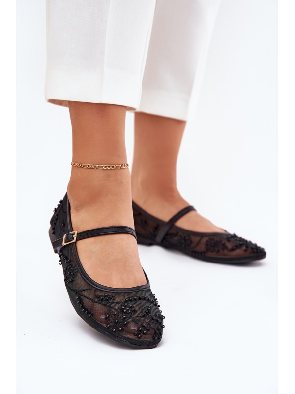 Mesh Ballet Flats With Embroidery And Decoration Black Tillilora