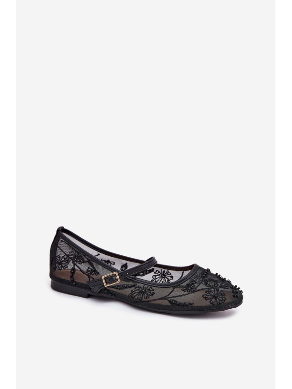 Mesh Ballet Flats With Embroidery And Decoration Black Tillilora