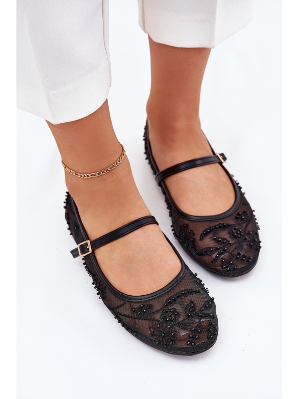 Mesh Ballet Flats With Embroidery And Decoration Black Tillilora
