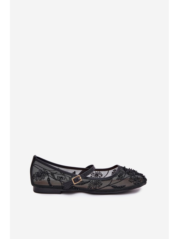Mesh Ballet Flats With Embroidery And Decoration Black Tillilora