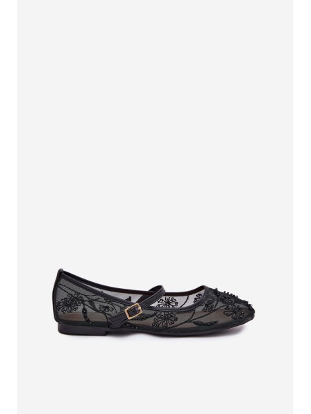 Mesh Ballet Flats With Embroidery And Decoration Black Tillilora