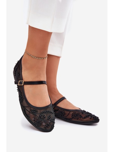 Mesh Ballet Flats With Embroidery And Decoration Black Tillilora