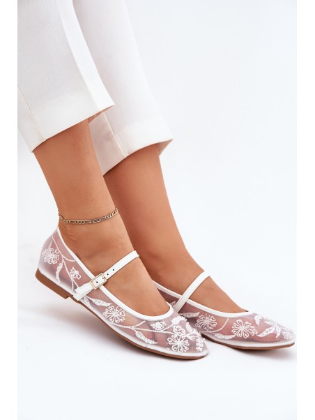 Mesh Ballet Flats With Embroidery And Decoration White Tillilora