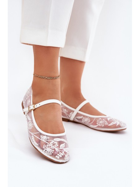Mesh Ballet Flats With Embroidery And Decoration White Tillilora