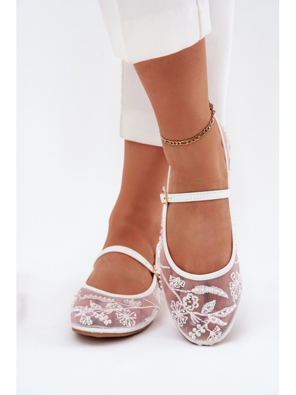 Mesh Ballet Flats With Embroidery And Decoration White Tillilora