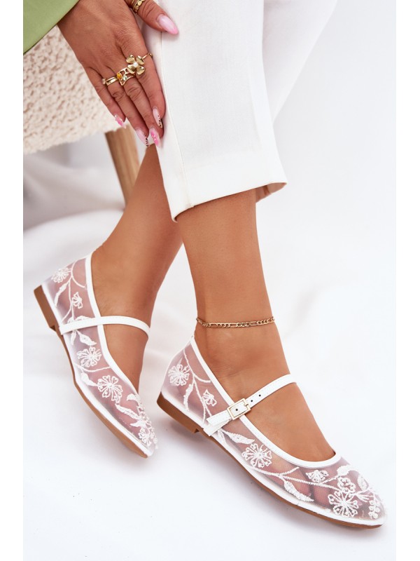 Mesh Ballet Flats With Embroidery And Decoration White Tillilora