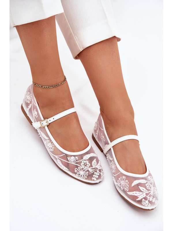 Mesh Ballet Flats With Embroidery And Decoration White Tillilora