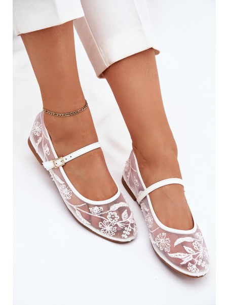 Mesh Ballet Flats With Embroidery And Decoration White Tillilora