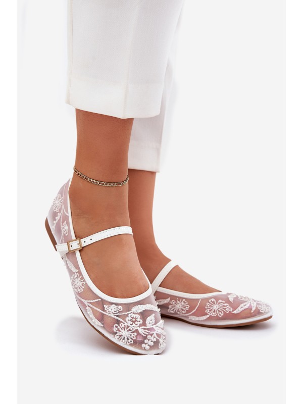 Mesh Ballet Flats With Embroidery And Decoration White Tillilora