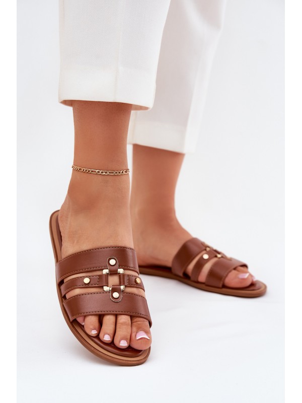 Flat Ladies Sandals With Golden Detail Camel Noroti