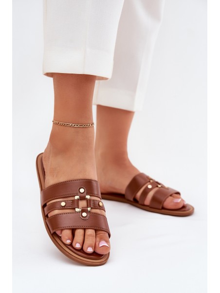 Flat Ladies Sandals With Golden Detail Camel Noroti