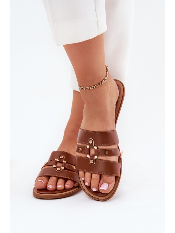Flat Ladies Sandals With Golden Detail Camel Noroti 2