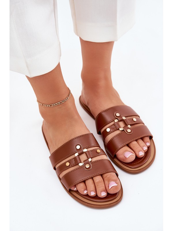 Flat Ladies Sandals With Golden Detail Camel Noroti