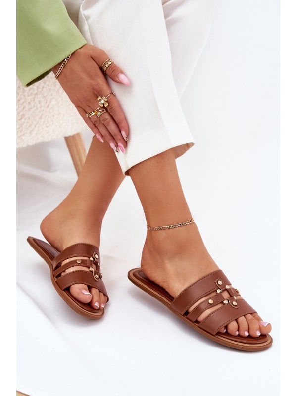 Flat Ladies Sandals With Golden Detail Camel Noroti