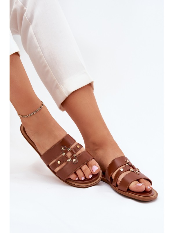 Flat Ladies Sandals With Golden Detail Camel Noroti