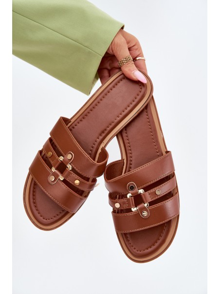 Flat Ladies Sandals With Golden Detail Camel Noroti