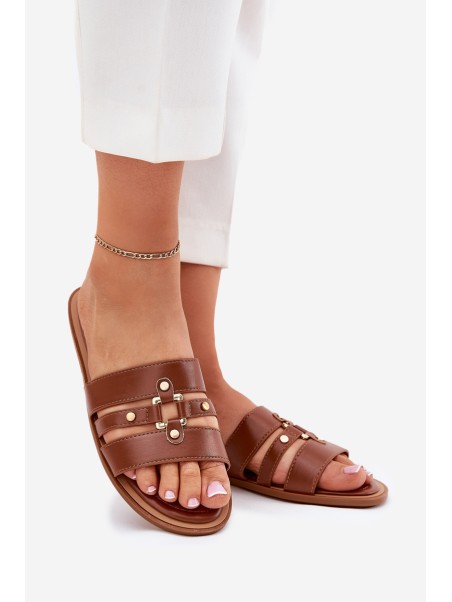 Flat Ladies Sandals With Golden Detail Camel Noroti
